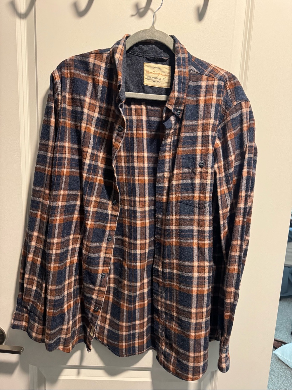 Weatherproof Vintage Flannel Shirt Men’s L Navy Brown Plaid Button Up